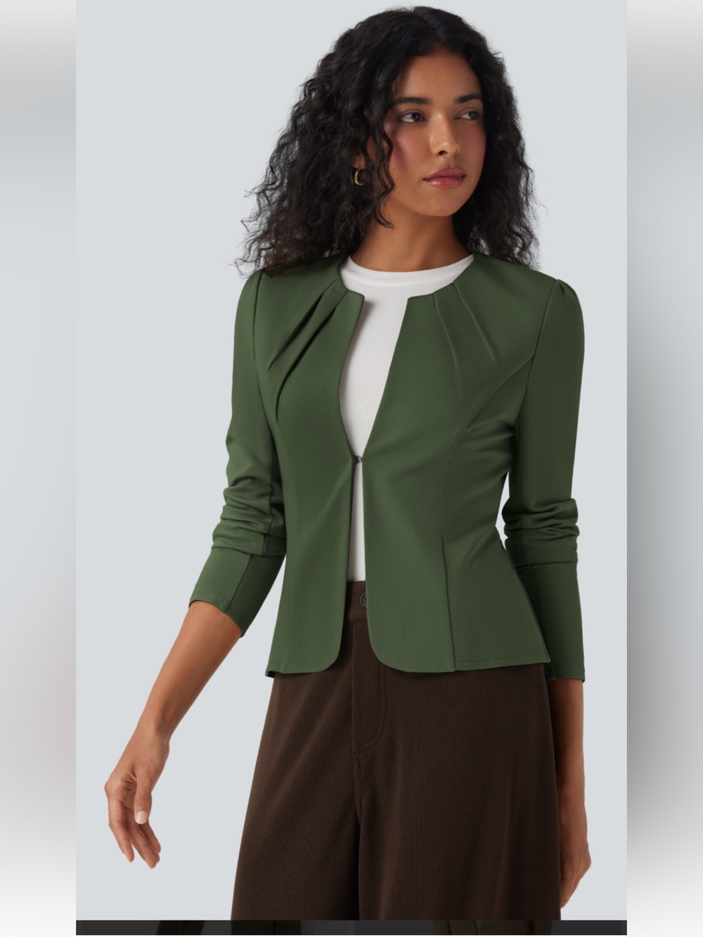 HALARA Olive Green Round Neck Hook & Eye Work Blazer